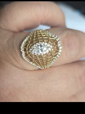 14k Gold Plated Filigree Marquise Cluster Ring with Clear Stones